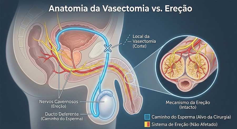 Ilustração médica da anatomia pélvica masculina mostrando a separação entre os ductos deferentes (vasectomia) e os nervos cavernosos responsáveis pela ereção.