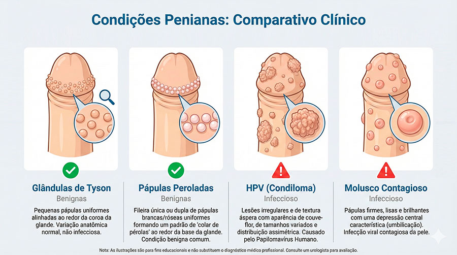 Diagrama comparativo mostrando as diferenças visuais entre Glândulas de Tyson (benignas, uniformes, cor da pele), Pápulas Peroladas (benignas, colar de pérolas branco), HPV (infeccioso, verrucoso, irregular) e Molusco Contagioso (infeccioso, com depressão central) na glande do pênis
