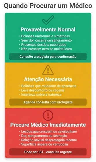 Infográfico com sistema de cores de alerta (verde, amarelo, vermelho) indicando quando procurar um médico para avaliação de bolinhas no pênis: verde para condições provavelmente normais, amarelo para atenção necessária, e vermelho para casos urgentes que podem indicar IST

