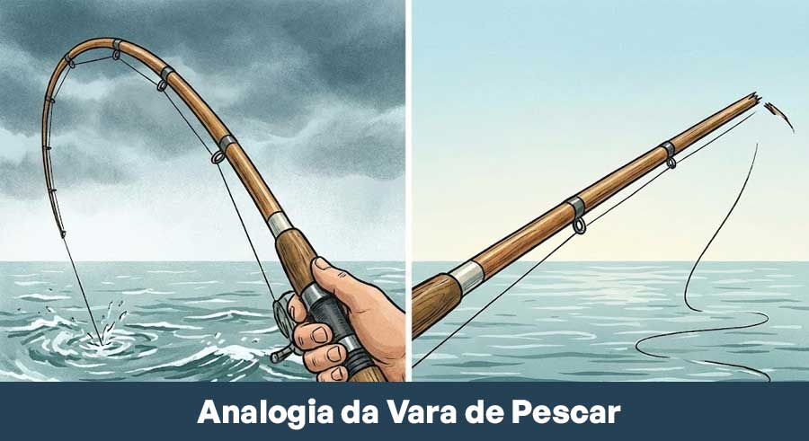 Ilustração comparativa vara de pescar curvada e reta analogia para cirurgia de freio curto e aumento visual do pênis