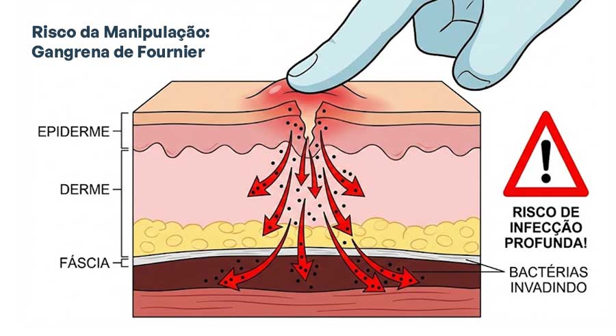 risco de infecção profunda e Gangrena de Fournier ao espremer lesões na região genital.